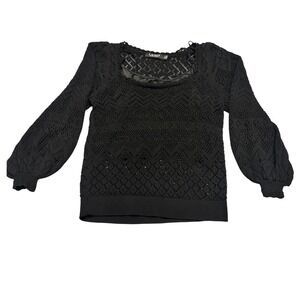 Lauren Ralph Lauren Black Label Crochet Square Neck  Sleeve Top Sweater Women S